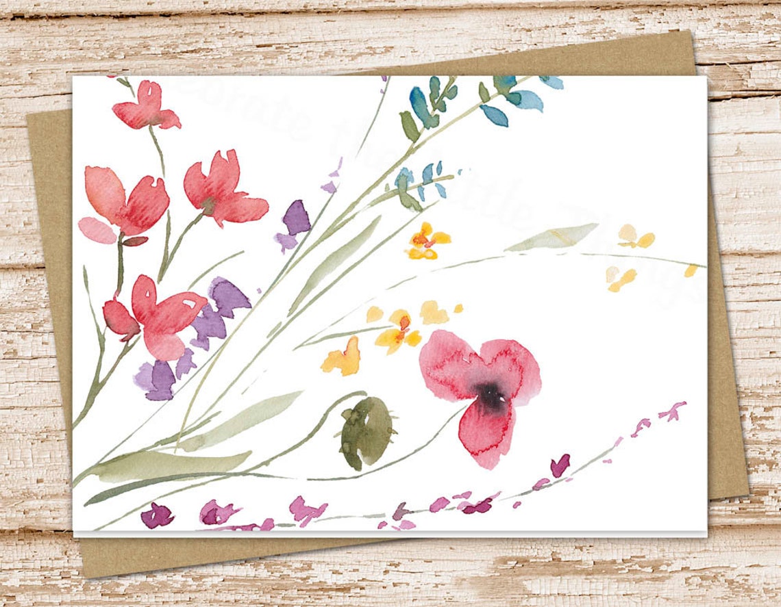 Watercolor wildflowers card set . wild flower . pink purple Etsy