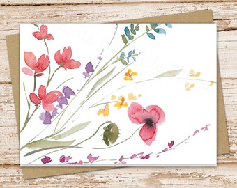 watercolor wildflowers card set . wild flower . pink purple floral note cards notecards .  botanical . blank cards . folded stationery set