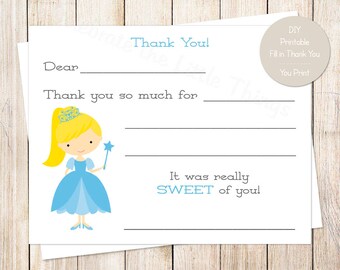 PRINTABLE princess thank you cards . blue princess birthday . fill in the blank thank you . blonde princess . Instant Download YOU PRINT