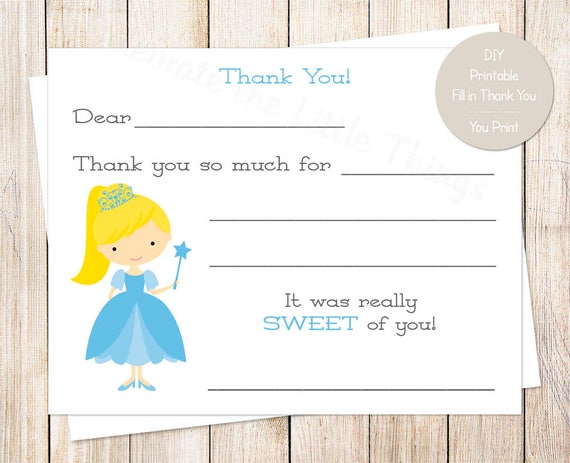 PRINTABLE princess thank you cards . blue princess birthday . fill in the blank thank you . blonde princess . Instant Download YOU PRINT Il_570xn