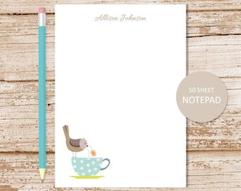 personalized notepad . BLUE TEACUP BIRD notepad . note pad . personalized stationery . tea cup stationary