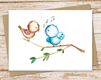 watercolor birds card set .  cute birds on branch note cards . blank cards . note cards . folded stationery