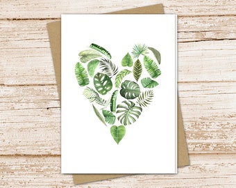 greenery heart card set .  watercolor leaf note cards . nature tropical leaves fern . blank cards notecards . folded stationery