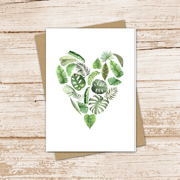 greenery heart card set .  watercolor leaf note cards . nature tropical leaves fern . blank cards notecards . folded stationery