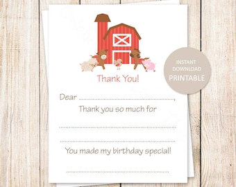 PRINTABLE farm thank you cards . birthday fill in the blank thank you . pony, farm, cow, animals . INSTANT DOWNLOAD