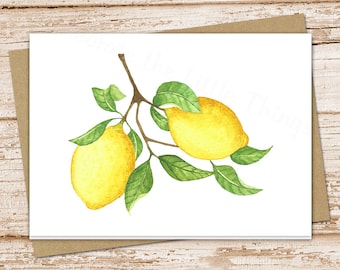 lemons card set . watercolor lemon cards . greeting cards notes . fruit, nature, leaves, tree branch .  folded stationary . blank cards set