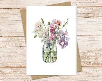 sweet pea vase card set .  watercolor flowers . april birth month . floral farmhouse note cards .  garden . blank cards, folded stationery