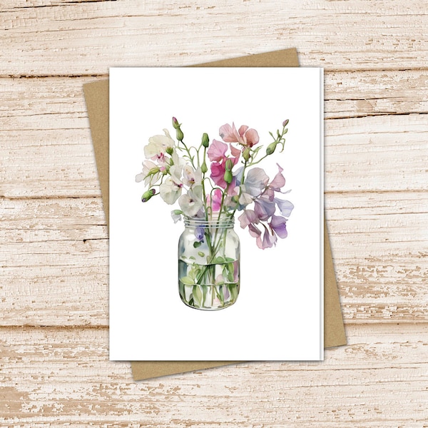 sweet pea vase card set .  watercolor flowers . april birth month . floral farmhouse note cards .  garden . blank cards, folded stationery