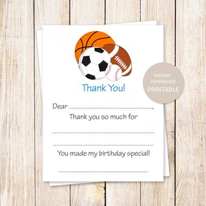 PRINTABLE all-star Dankeschön-Karten. Geburtstag füllen Sie die leeren Sportarten Baseball, Football, Basketball, Fußball aus. Sofortdownload . SIE DRUCKEN