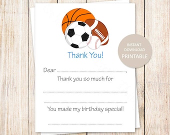 PRINTABLE all star thank you cards . birthday fill in the blank sports baseball, football, basketball, soccer . Instant Download . YOU PRINT