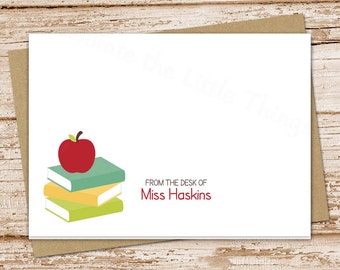 apple teacher note cards . notecards . personalized stationery . books stationary . school teacher gift . folded cards . set of 10