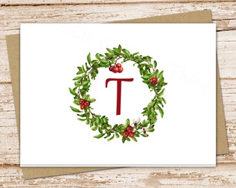 cranberry wreath note card set, notecards . Christmas . initial monogram . folded card, stationary . set of 10