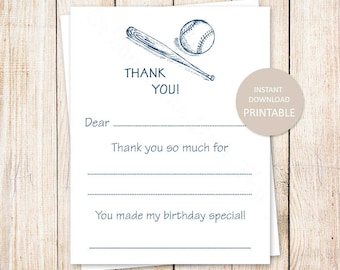 PRINTABLE baseball thank you cards . fill in the blank thank you . baseball birthday . sports . Instant Download YOU PRINT