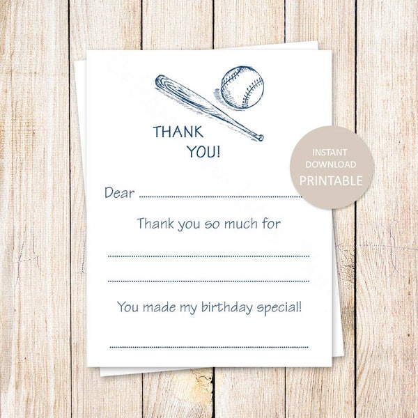 PRINTABLE baseball thank you cards . fill in the blank thank you . baseball birthday . sports . Instant Download YOU PRINT