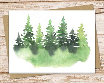 pine tree landscape card set . watercolor evergreen trees . blank cards . folded stationery, stationary . forest, camping, outdoors, nature