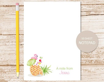 personalized notepad . PINEAPPLE notepad . watercolor pineapple tropical drink, flamingo, summer . personalized stationary . stationery gift