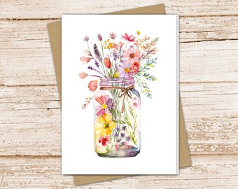 watercolor wildflowers card set .  mason jar . note cards . notecards . flowers floral botanical . blank cards . folded stationery
