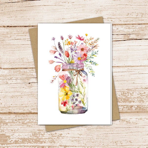 watercolor wildflowers card set .  mason jar . note cards . notecards . flowers floral botanical . blank cards . folded stationery