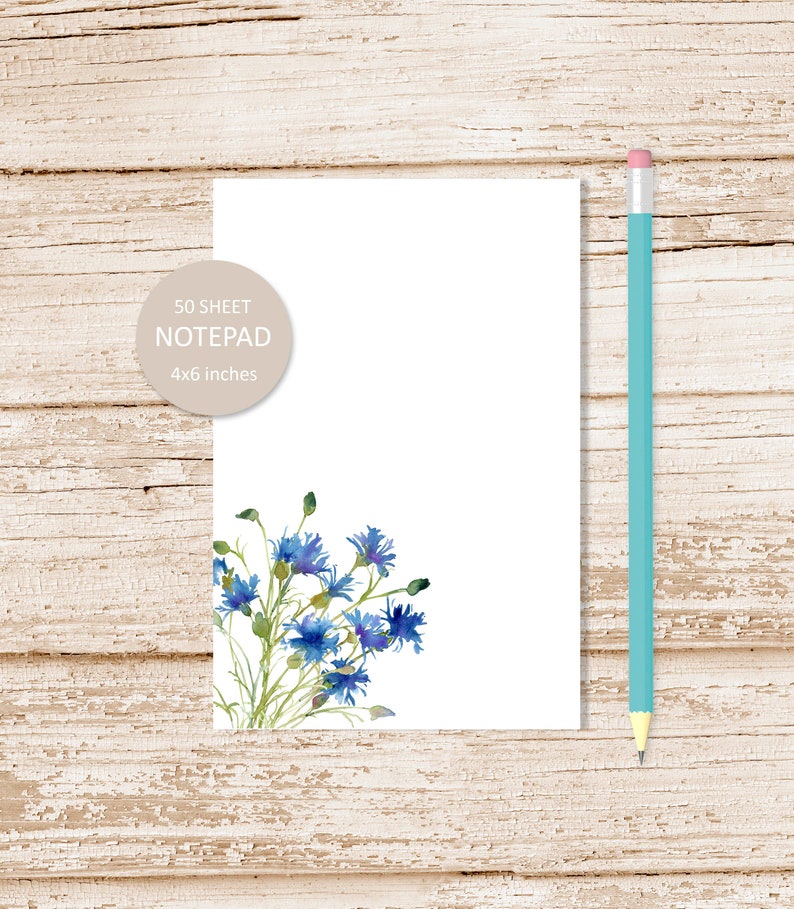 blue cornflowers notepad . watercolor flowers . farmhouse floral note pad . garden, botanical stationery stationary 4x6 inches image 1