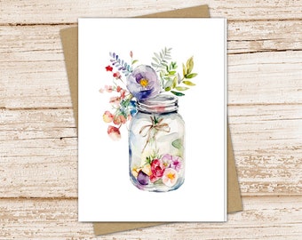 mason jar bouquet card set .  pink & purple pansies flowers . note cards . notecards . flowers floral . blank cards . folded stationery