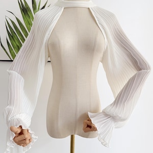Detachable Light ivory chiffon sleeves with elastic cuffs,halter neck flowy sleeves,Romantic bridal arm Sleeves,sleeveless dress topper