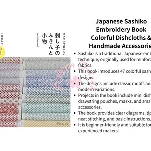 Peut inclure: Un livre intitulé "Japanese Sashiko Embroidery Book" avec des torchons colorés et des accessoires faits à la main. Le livre présente divers motifs Sashiko et projets, y compris des mini torchons et des pochettes à cordon.