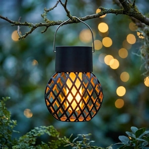 May include: A spherical solar lantern featuring a black metal lattice cage exterior and a warm glowing light source inside. The lantern includes a solid black top cap and a thin, arched metal handle for hanging, designed for outdoor illumination.