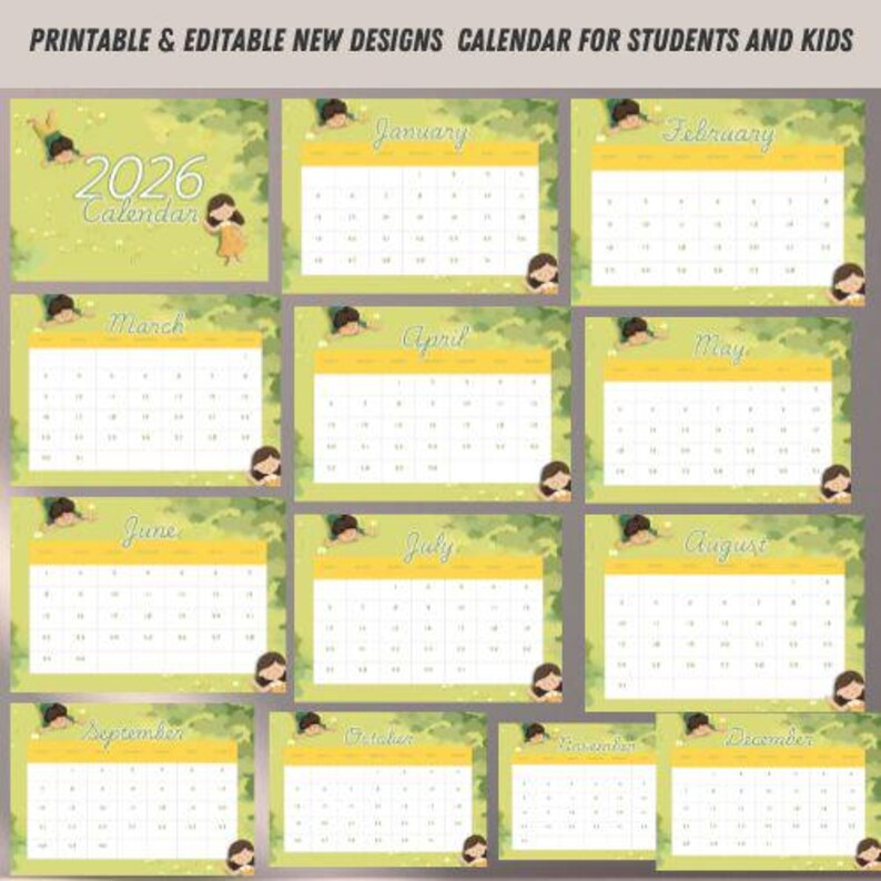 2026 Kids Calendar Printable PDF, Cute Monthly Wall Calendar for Kids ...