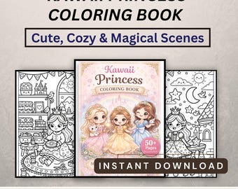Kawaii Princess Coloring Book | 50+ Cozy Magical Scenes (Digital Download)