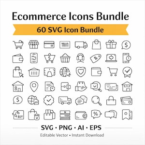 Puede incluir: Un conjunto de 60 iconos de comercio electrónico en blanco y negro, que incluyen carritos de compras, tarjetas de crédito y cajas de regalo. La imagen incluye el texto "Ecommerce Icons Bundle" y "60 SVG Icon Bundle". Los iconos están disponibles en SVG, PNG, AI y EPS.