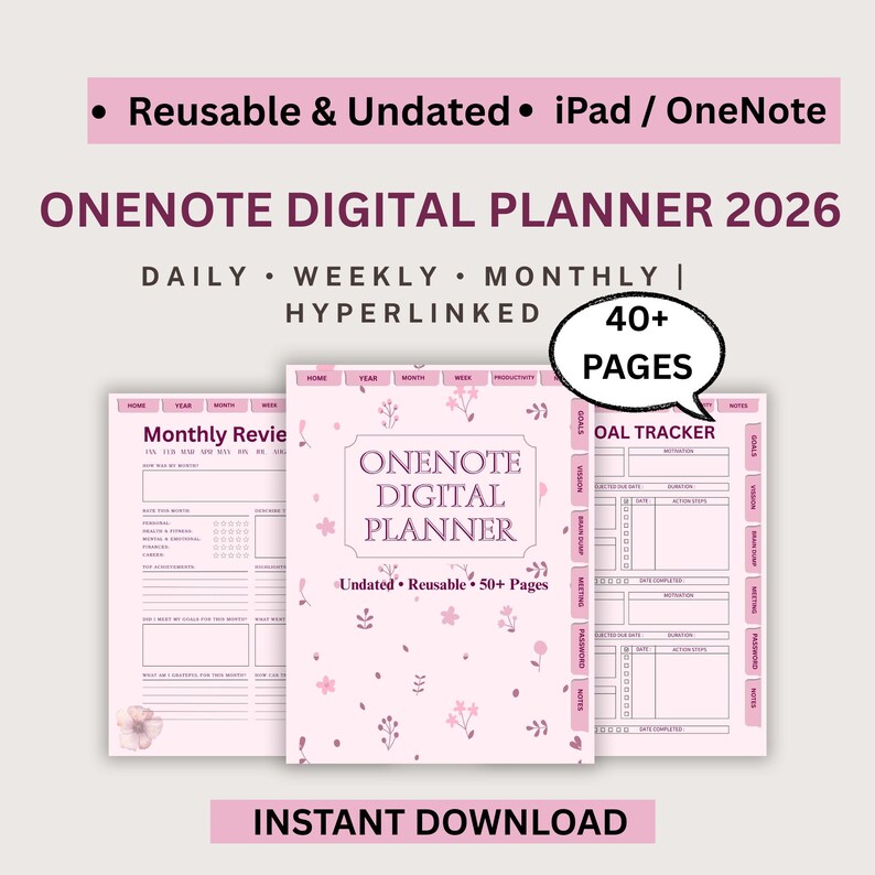 Onenote Digital Planner 2026–2027 Undated | All-in-one Weekly Monthly ...