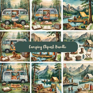 K&ouml;nnte beinhalten: Aquarellillustrationen von Campingszenen. Die Bilder zeigen einen Campingbus, Zelte, Kanus und eine Person, die die Natur genie&szlig;t. Der Text "Camping Clipart Bundle" wird auf einem dunkelgr&uuml;nen Banner angezeigt.