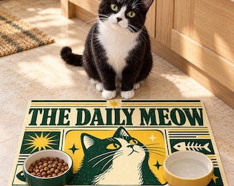 Futterunterlage „Daily Meow“, Vintage-Futterunterlage aus Zeitungspapier, grüne Futternapf-Unterlage, Geschenk für Katzenliebhaber