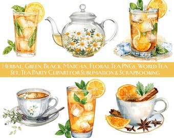Pacote de clipart de chá em aquarela – PNGs de chá de ervas, verde, preto, matcha e floral, conjunto de chá mundial, clipart de festa do chá para scrapbooking