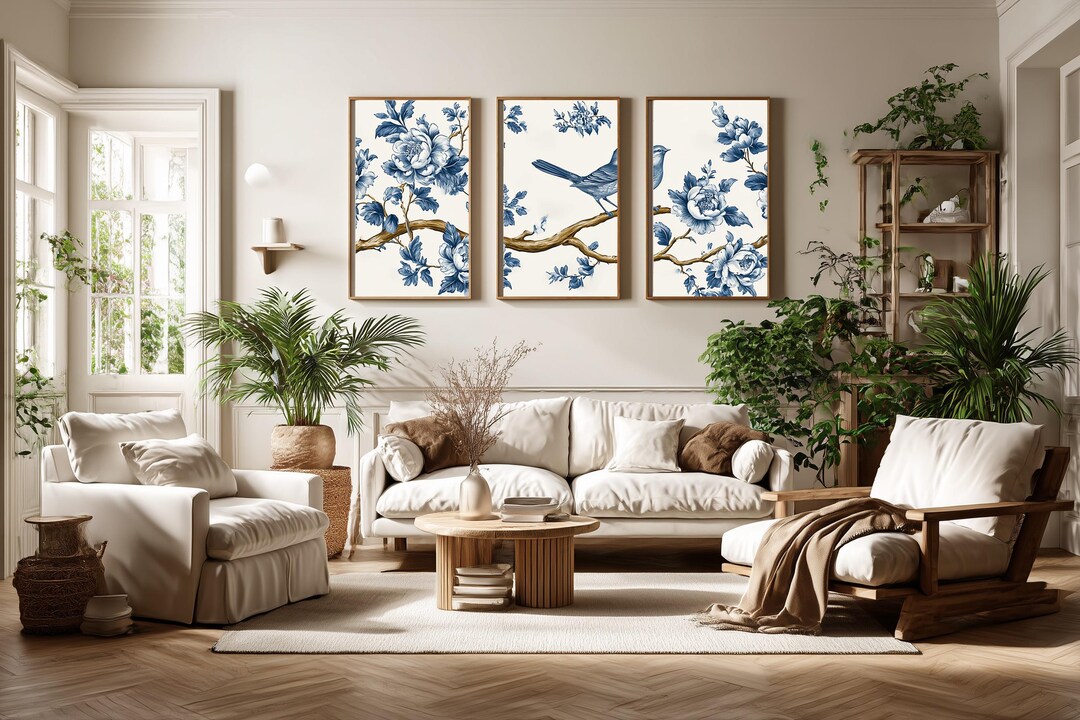 Chinoiserie Wall Art Prints Set of 3 | Blue and White Triptych Prints ...