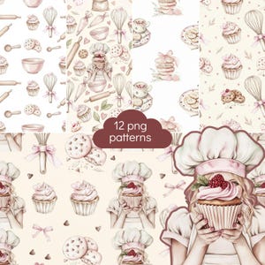 Pastry Chef Girl Seamless Pattern, Watercolor Baking Pattern PNG, Cute Bakery Repeat Pattern, Digital Paper