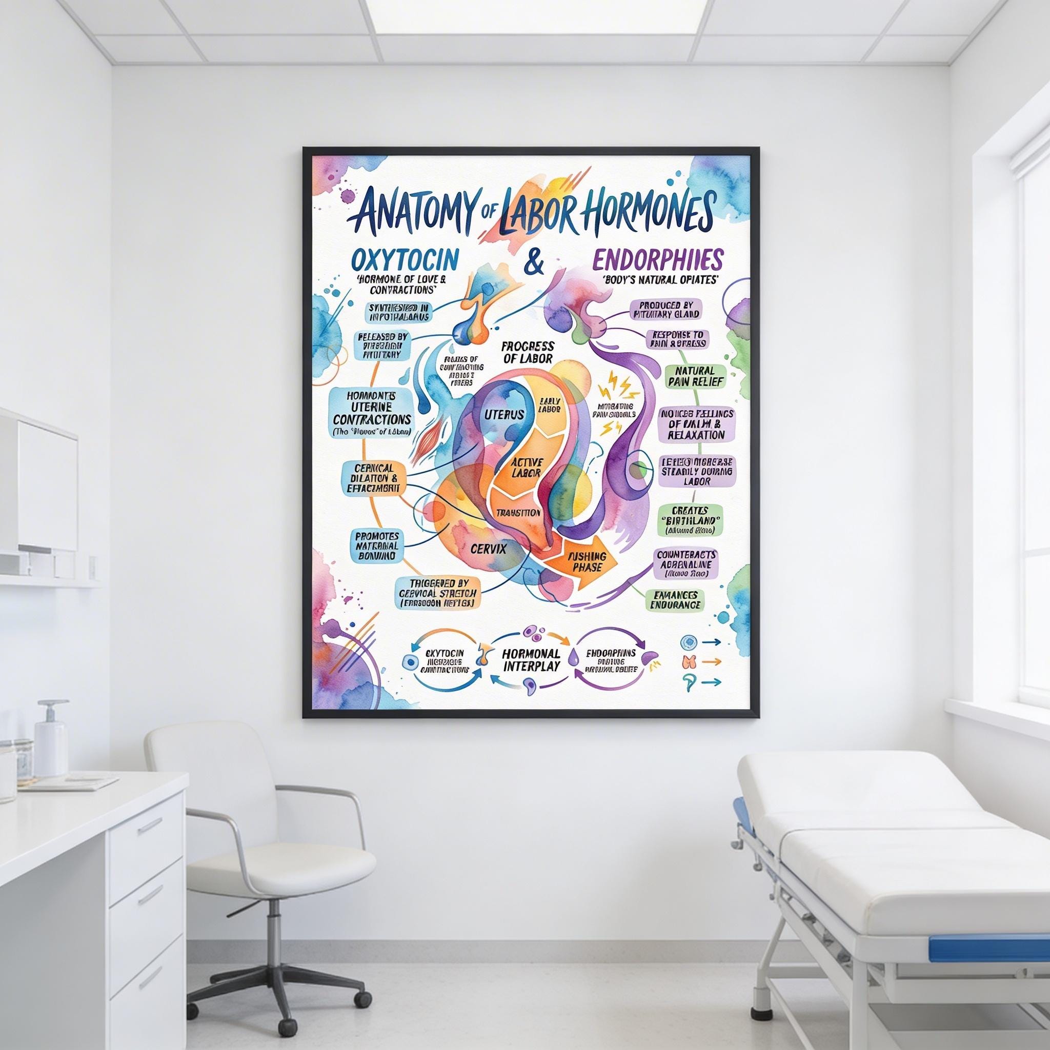 Anatomy of Labor Hormones Poster, Oxytocin & Endorphins Chart, Birth ...