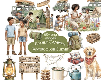Aquarell-Familien-Camping-Clipart-Bundle, Sommerabenteuer-PNG, Glamping-Clipart, Wohnmobil-Grafiken, Outdoor-Reiseelemente, Wander-Clipart