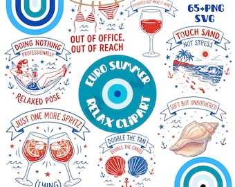 Euro-Sommer-Clipart (PNG, SVG) | Aperol Spritz, Strand & Entspannung – Bundle | 40 Küstenillustrationen | Italienische Sommerästhetik | Cricut-Dateien