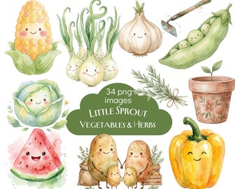Aquarell-Garten-Clipart-Bundle, Gemüse- und Kräutersprossen (PNG), Bauernmarkt-Clipart, niedliche Gemüseillustration, Sofort-Download