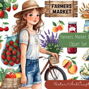 Ensemble d'images clipart de produits laitiers du marché fermier | Fille de la ferme à l'aquarelle, lait frais, fromage et légumes | PNG esthétique de ferme rustique