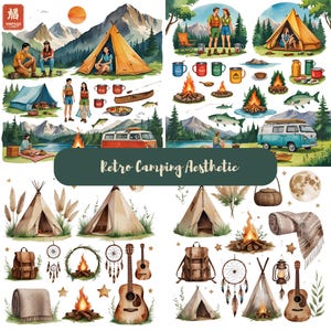 K&ouml;nnte beinhalten: Aquarellillustrationen von Camping-Szenen mit Zelten, Lagerfeuern und Menschen. Die Bilder zeigen eine Retro-&Auml;sthetik mit Bergkulisse, einem Vintage-Van und Campingausr&uuml;stung. Der Text "Retro Camping Aesthetic" ist ebenfalls enthalten.