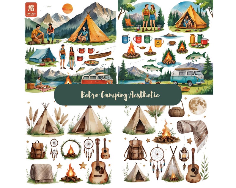K&ouml;nnte beinhalten: Aquarellillustrationen von Camping-Szenen mit Zelten, Lagerfeuern und Menschen. Die Bilder zeigen eine Retro-&Auml;sthetik mit Bergkulisse, einem Vintage-Van und Campingausr&uuml;stung. Der Text "Retro Camping Aesthetic" ist ebenfalls enthalten.