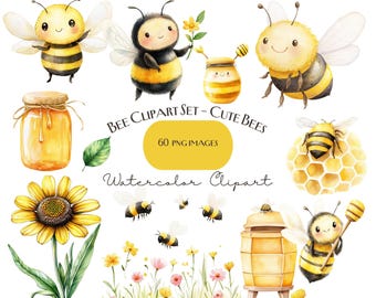 Niedliches Bienen-Clipart-Set, Aquarellbienen (PNG), Bienenillustration, Kinderzimmer-Clipart, Kinderdesign, Digitaler Download