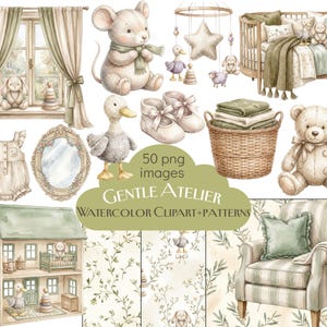 Peut inclure: Ensemble de cliparts et motifs aquarelle sur le thème de la chambre d'enfant. L'image comprend un lit bébé, des jouets, une maison de poupée et une chaise. Le texte indique "GENTLE ATELIER WATERCOLOR CLIPART+PATTERNS" et "50 png images".