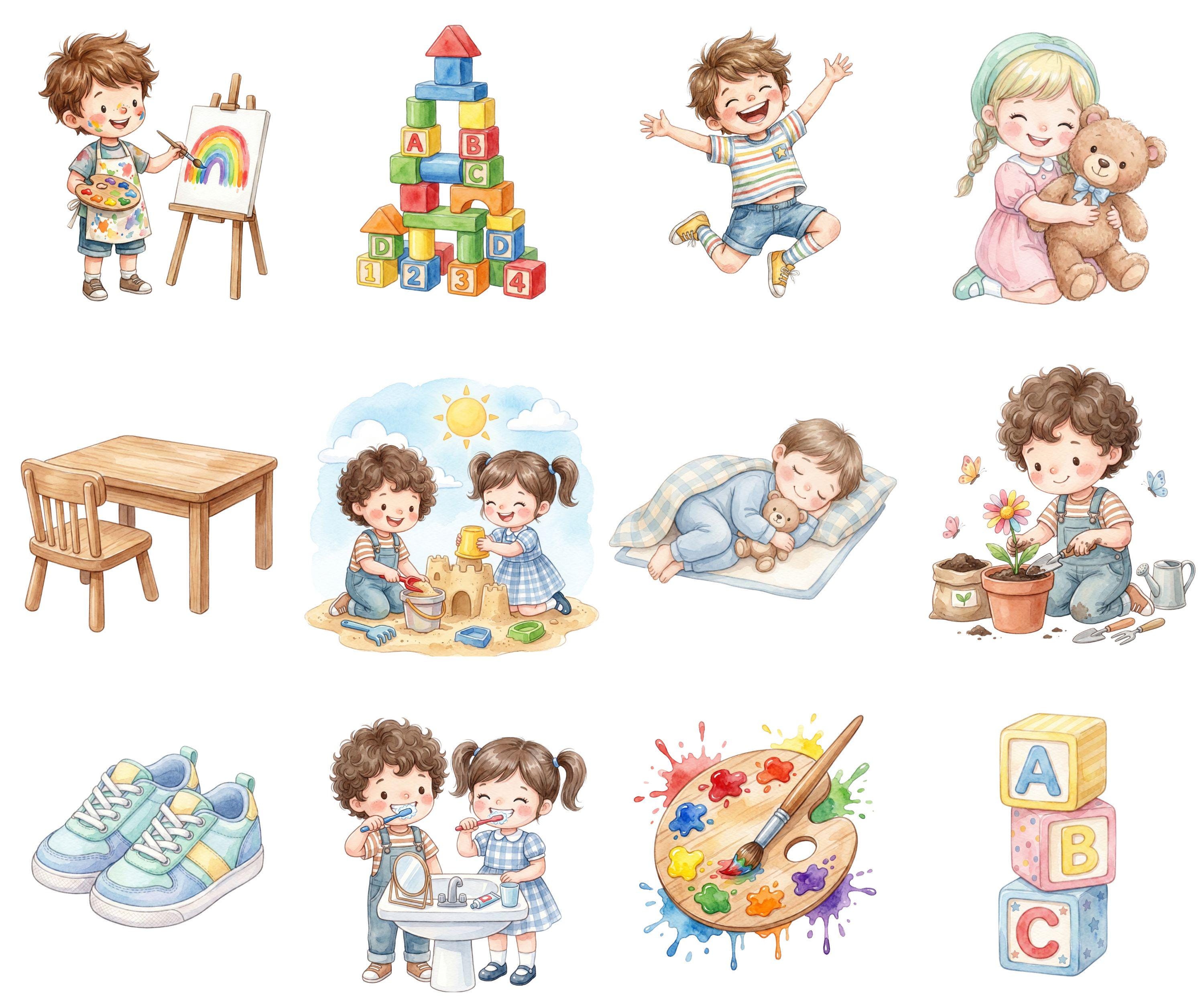 Kindergarten Kids Clipart – Watercolor Cartoon Set | 50+ PNG Elements ...