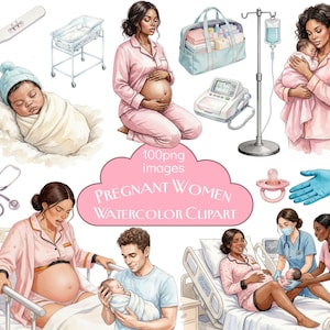 Puede incluir: Conjunto de imágenes prediseñadas de acuarela con imágenes relacionadas con el embarazo y el parto. Incluye ilustraciones de mujeres embarazadas, recién nacidos, equipos médicos y artículos para el cuidado del bebé. El texto "Pregnant Women Watercolor Clipart" es visible.