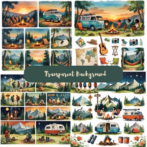 K&ouml;nnte beinhalten: Aquarellillustrationen von Camping-Szenen mit Lagerfeuern, Zelten und Oldtimer-Vans. Die Bilder zeigen Menschen, die die Natur genie&szlig;en, mit einem Sonnenuntergang und einem Bergpanorama. Der Text "Transparent background" ist ebenfalls enthalten.