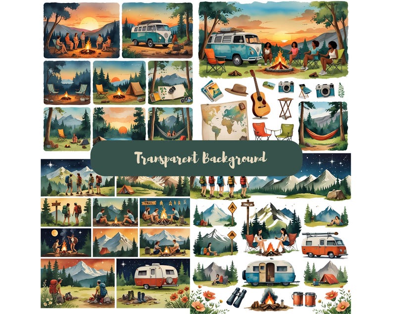 K&ouml;nnte beinhalten: Aquarellillustrationen von Camping-Szenen mit Lagerfeuern, Zelten und Oldtimer-Vans. Die Bilder zeigen Menschen, die die Natur genie&szlig;en, mit einem Sonnenuntergang und einem Bergpanorama. Der Text "Transparent background" ist ebenfalls enthalten.
