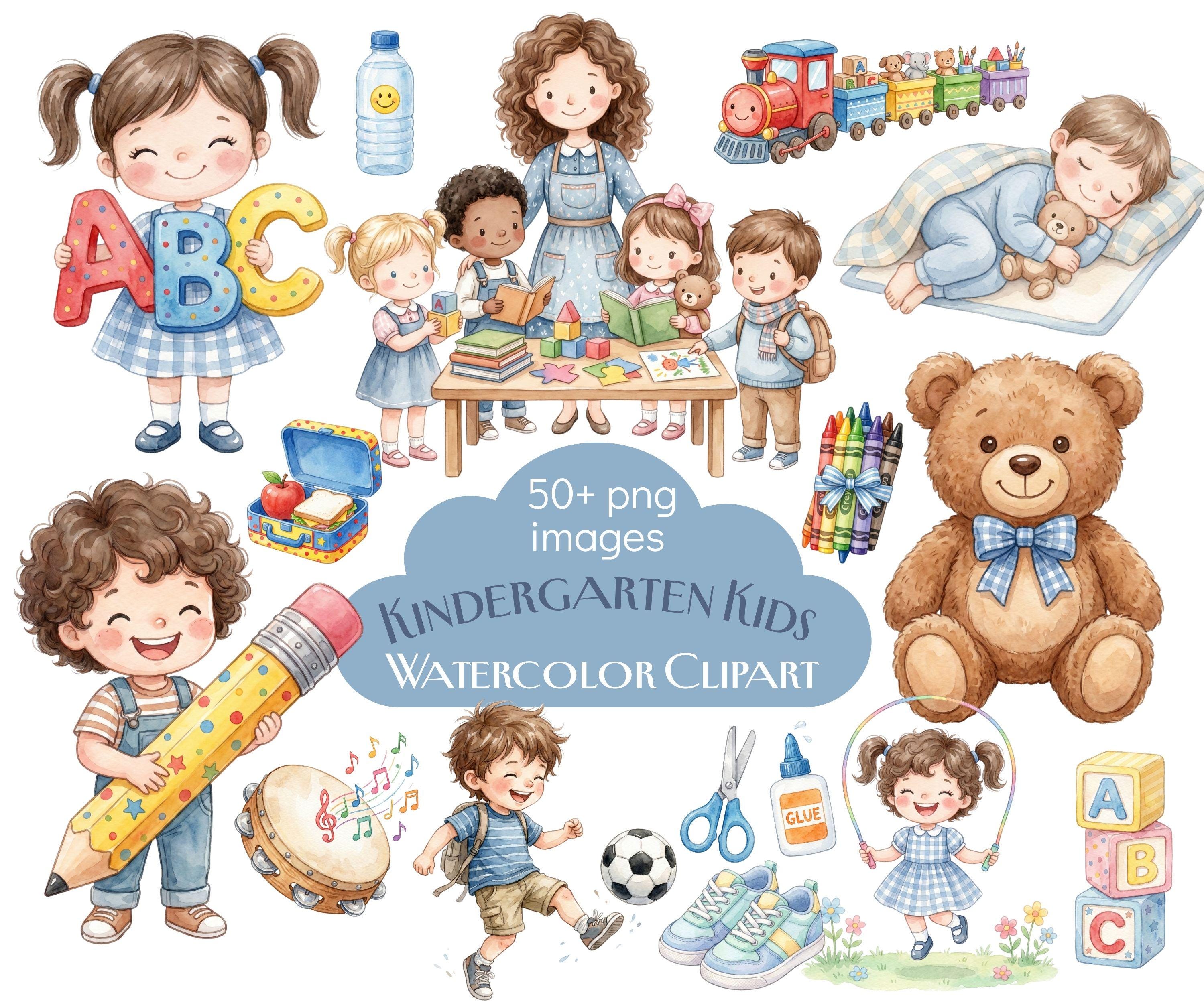 Kindergarten Kids Clipart – Watercolor Cartoon Set | 50+ PNG Elements ...